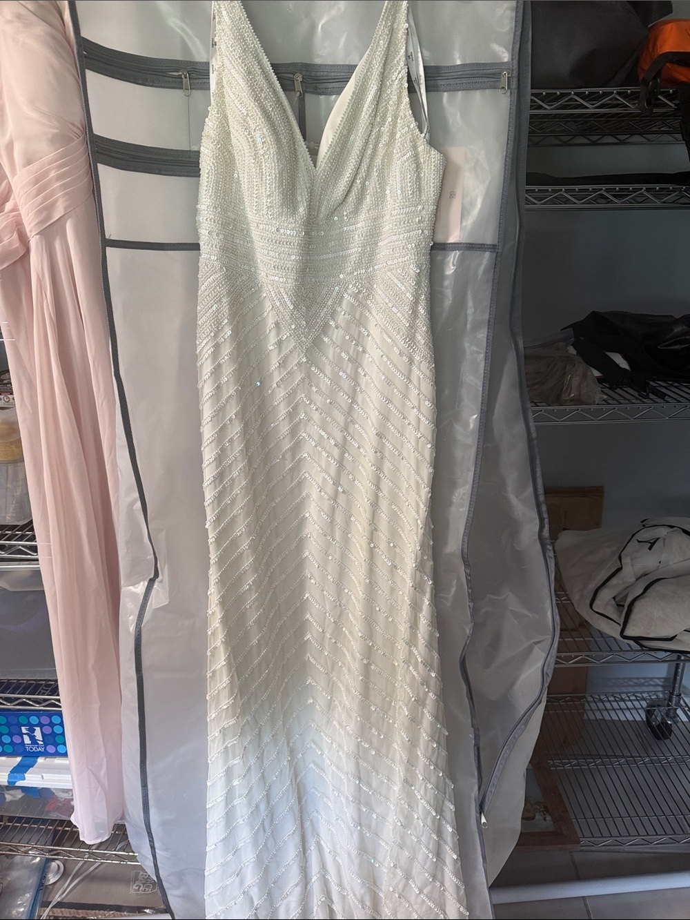 David's Bridal White Beaded V-Neck Maxi Dress